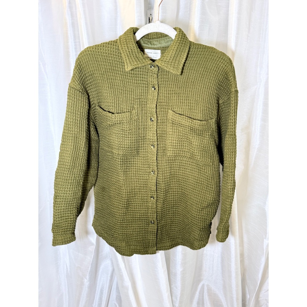 Paper Label Waffle Knit Shacket Women XS Olive Green Button Down Chest Pockets